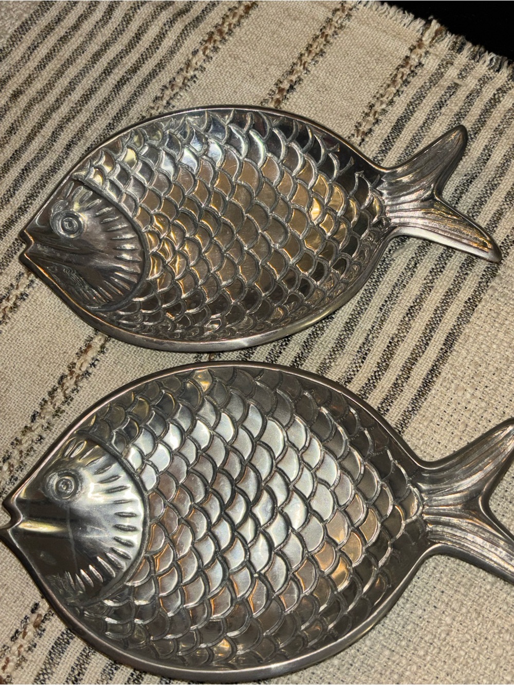 Pottery Barn Fishy Snack Plates Set of 2 – Aluminum Coastal Fish Serving Dishes